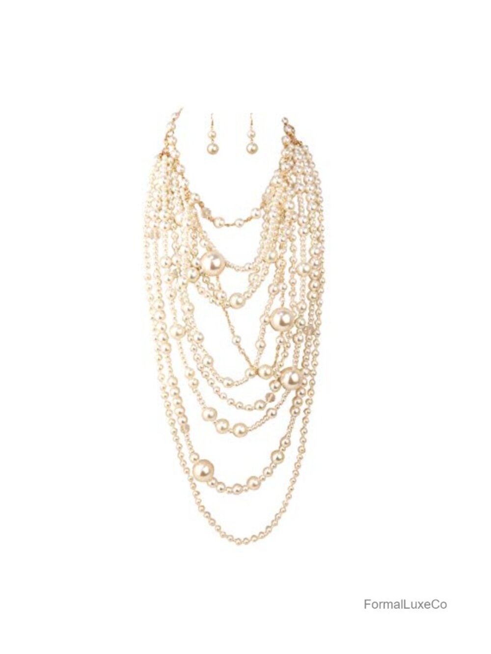 Multilayer Strand Faux Pearls Beads Cluster Long Choker Necklace with Drop